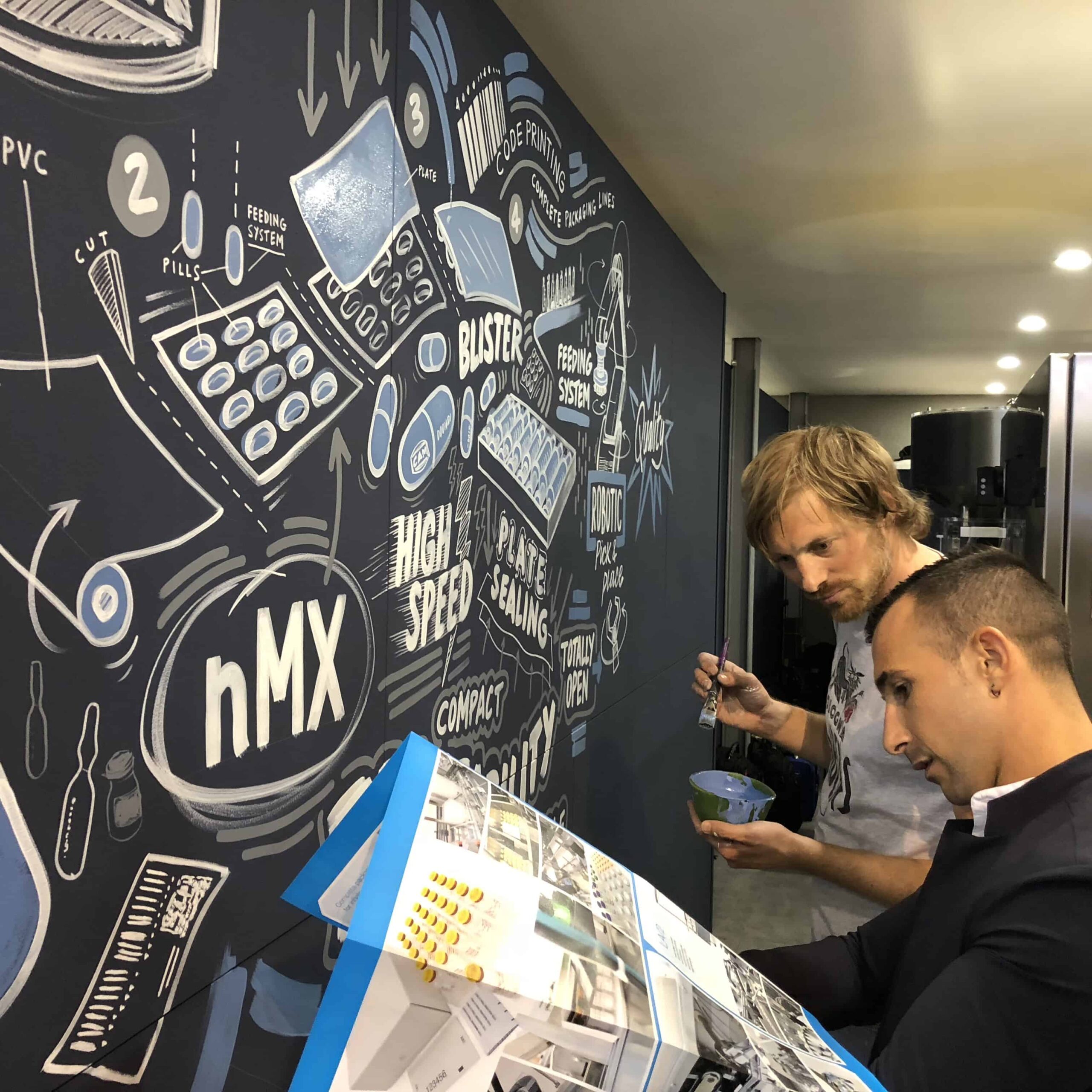 achema-2018-4 Artisti e tecnici al lavoro sul murale illustrativo del sistema CAM nMX per blister e tracciabilità ad alta velocità durante Achema 2018.