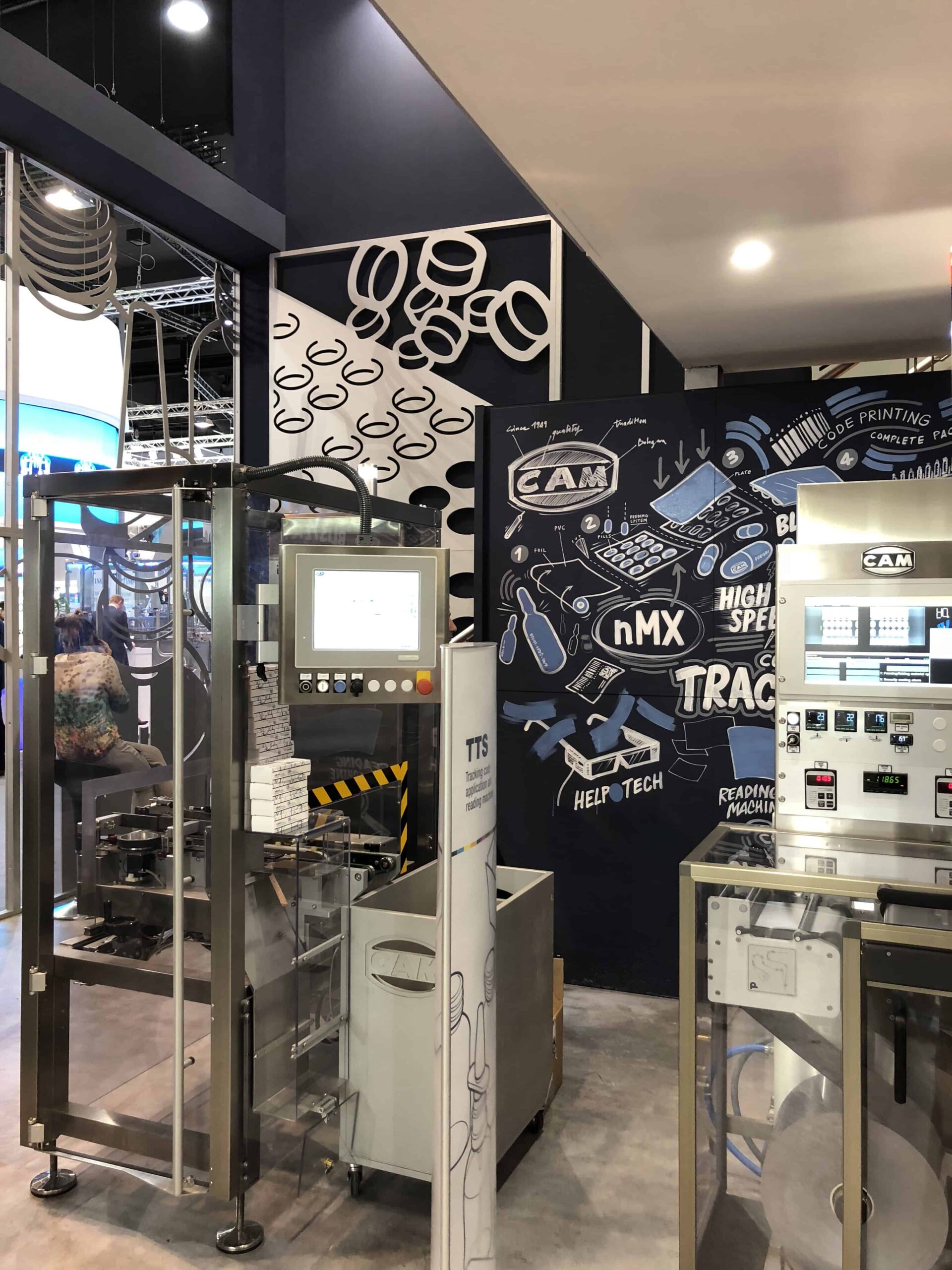 achema-2018-8 Esposizione delle macchine CAM per tracciabilità e confezionamento automatico con pannelli grafici illustrativi a Achema 2018.