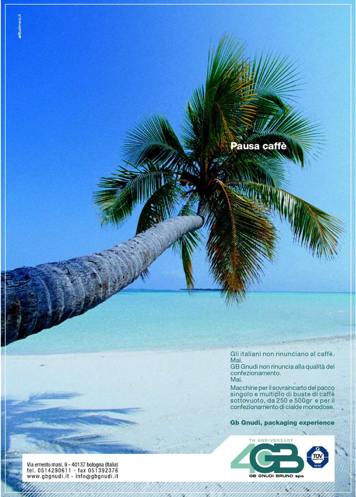 adv-gb-gnudi-2005-pausa-caffè Grafica pubblicitaria GB Gnudi 2005 che mostra spiaggia più palma