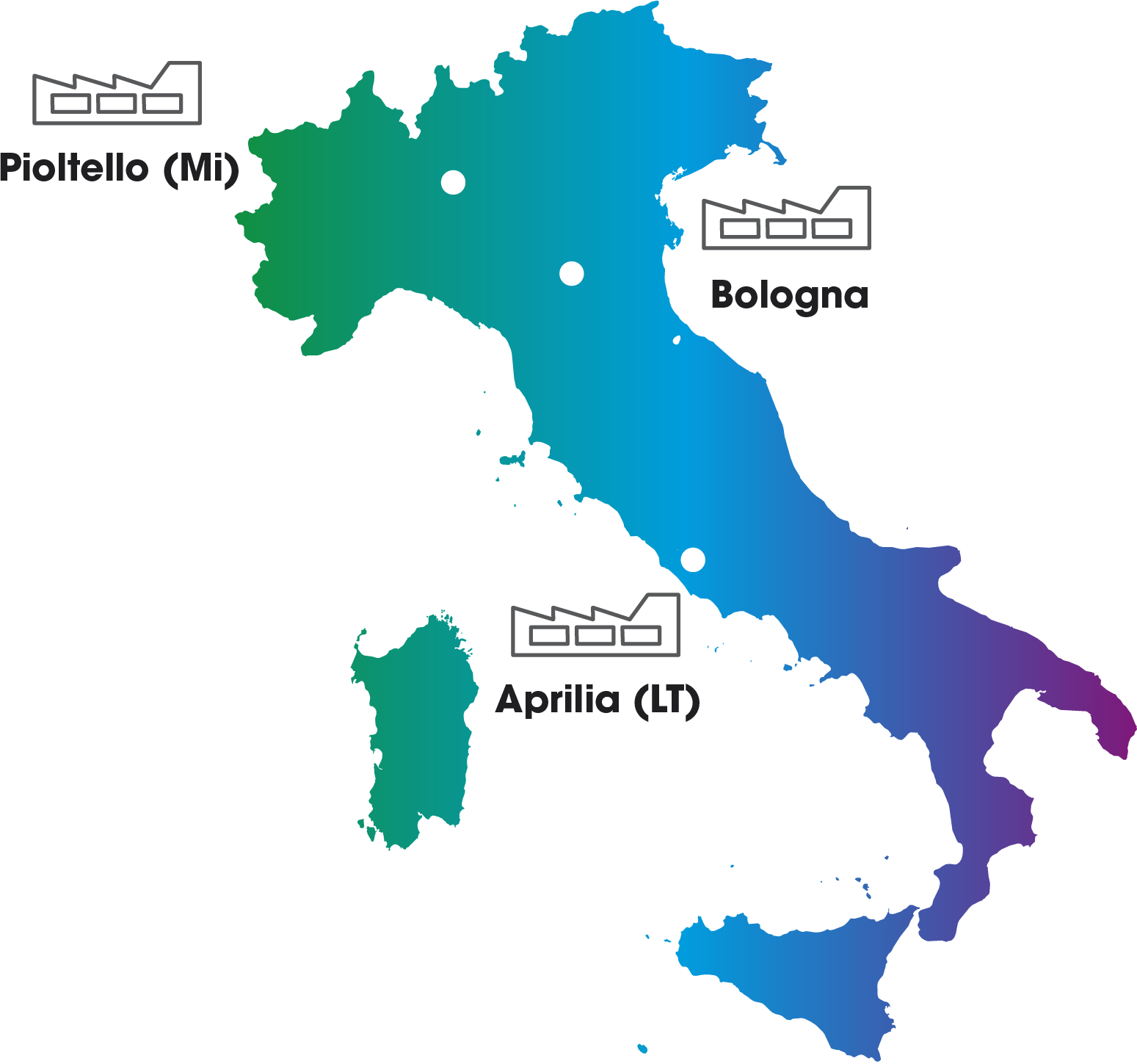 Cartina dell'Italia con sedi operative di GB Gnudi Bruno S.p.a.